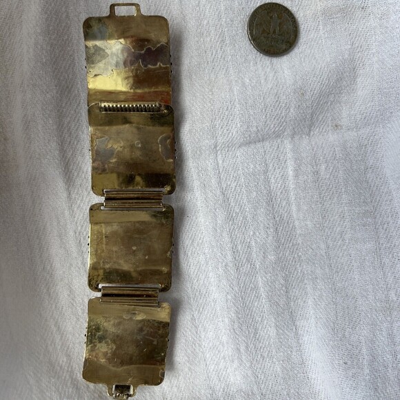 Vintage Wide Ornate Filigree Engraved Gold Tone Brown Agate Panel link Bracelet - Picture 11 of 14